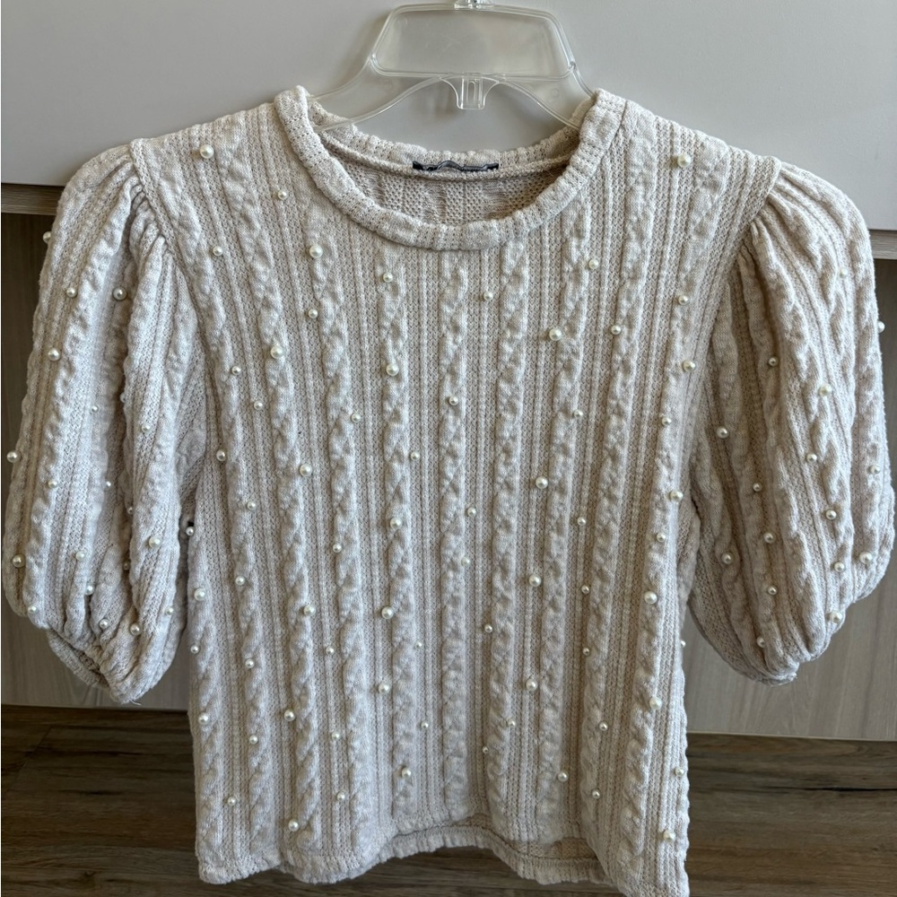Zara Cream Knit Blouse with Pearl Details